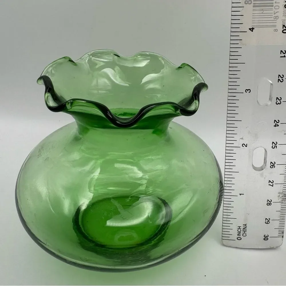 Vintage Anchor Hocking Green Glass Mini Vase 3 Inch with Crimped Rim